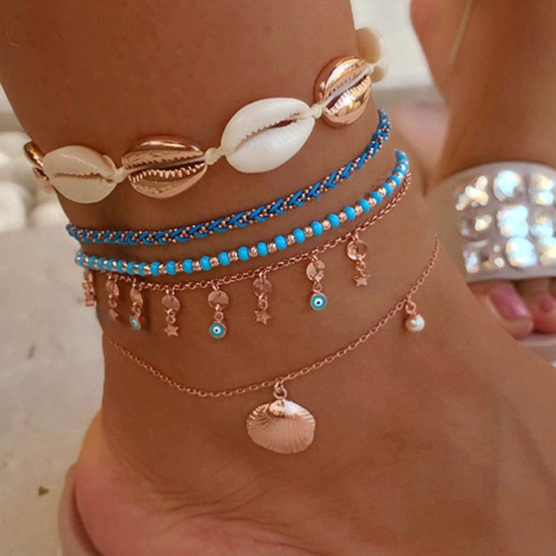Tocona Layered Gold Shell Pendant Chain Ankle Bracelet - Orchid Unique