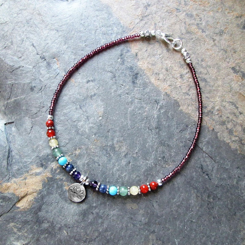 Chakra Gemstone & Lotus Charm Anklet - Orchid Unique