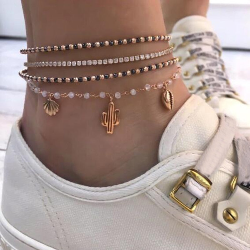 Tocona Layered Gold Shell Pendant Chain Ankle Bracelet - Orchid Unique