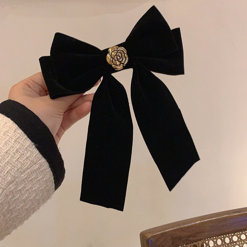 New Black Velvet Bow Hair Pins Elegant Fabric Alloy Roses Hair Clips for Women Fashion ponytail Barrette Heawear Accessories - Orchid Unique