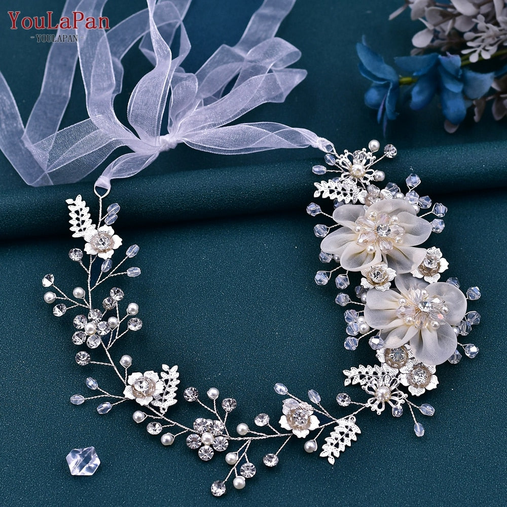 YouLaPan HP295 Flower Headwear Wedding Headband for Bride Crystal Pearls Women Tiara Bridal Headpieces Hair Jewelry Accessories - Orchid Unique