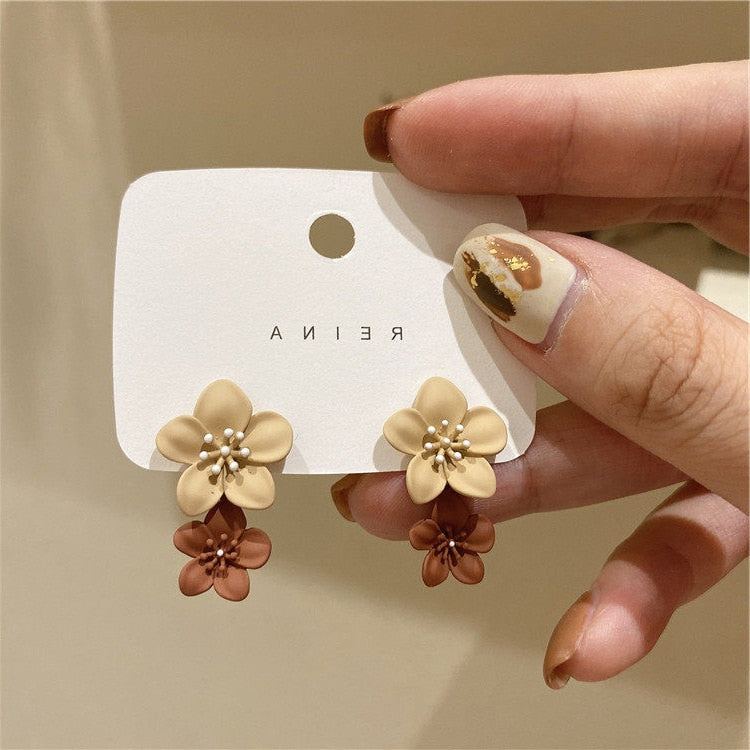 Big Double Flower Drop Earrings - Orchid Unique