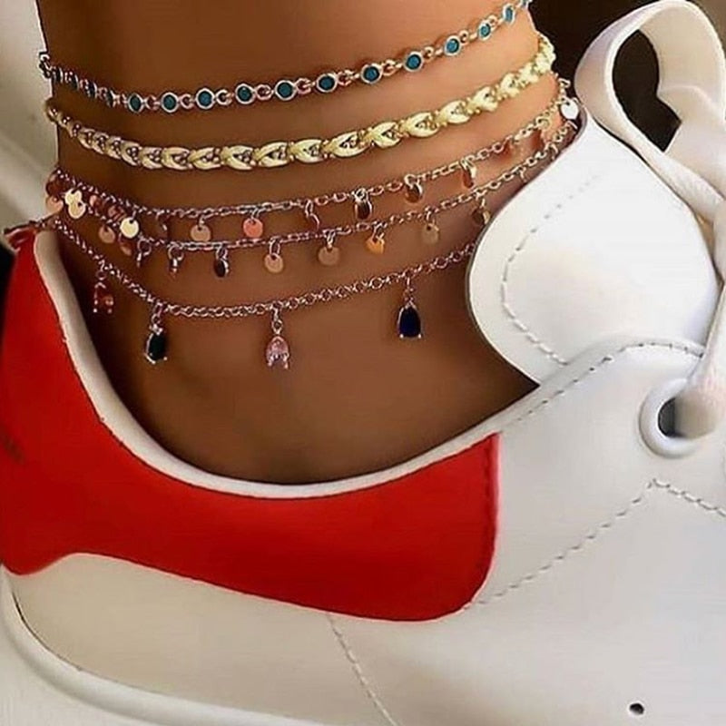 Tocona Layered Gold Shell Pendant Chain Ankle Bracelet - Orchid Unique