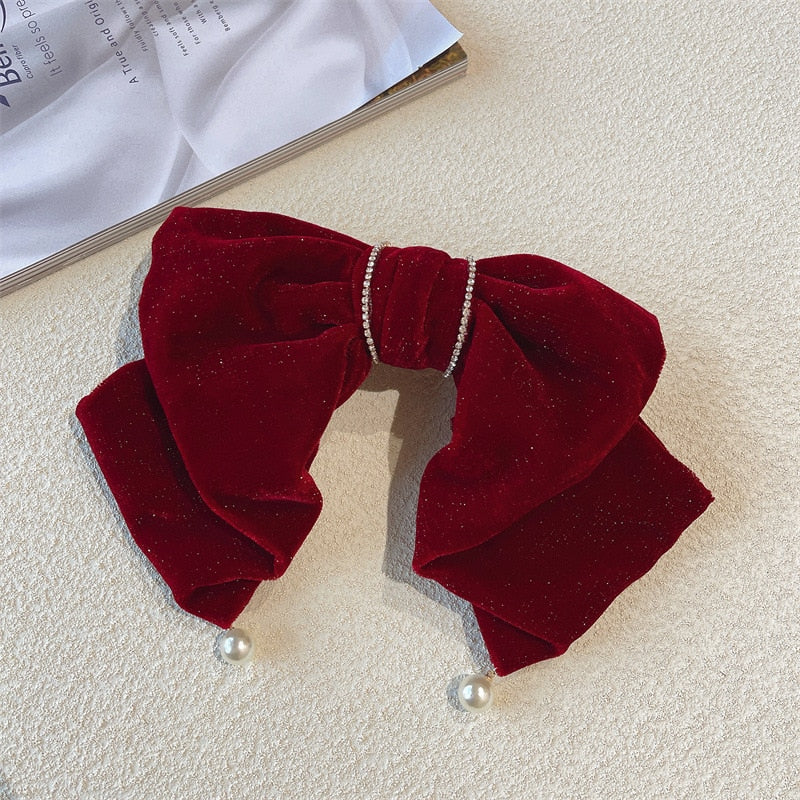 Korean Velvet Bow Hair Pins Fabric Rhinestone Pearl Hair Clips for Women Luxulry Jewelry Spring Clip Gils Hair Accessories - Orchid Unique