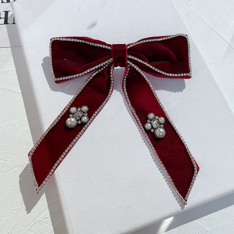 Korean Velvet Bow Hair Pins Fabric Rhinestone Pearl Hair Clips for Women Luxulry Jewelry Spring Clip Gils Hair Accessories - Orchid Unique