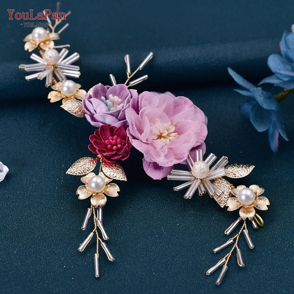YouLaPan HP295 Flower Headwear Wedding Headband for Bride Crystal Pearls Women Tiara Bridal Headpieces Hair Jewelry Accessories - Orchid Unique
