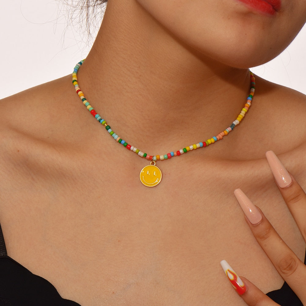 Cute Enamel Yellow Smiley Face Pendant Necklace - Orchid Unique