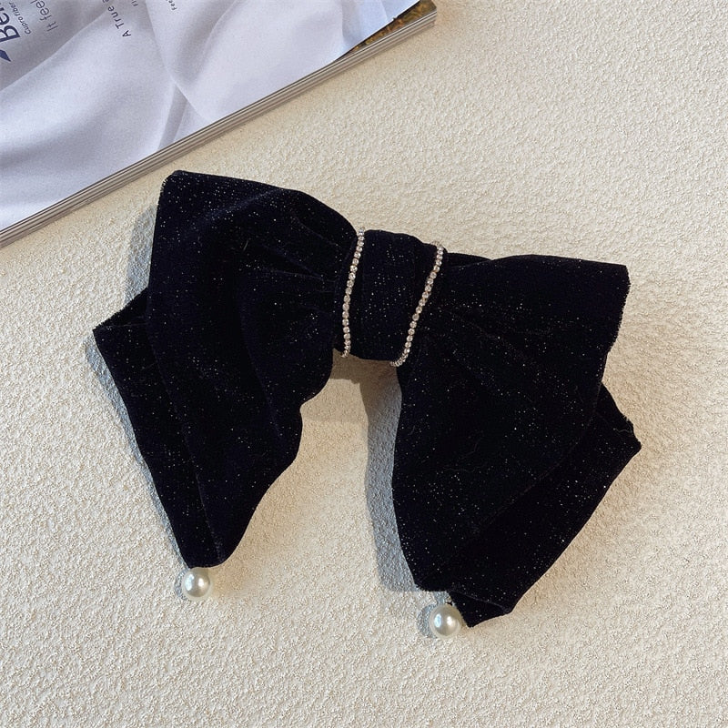 Korean Velvet Bow Hair Pins Fabric Rhinestone Pearl Hair Clips for Women Luxulry Jewelry Spring Clip Gils Hair Accessories - Orchid Unique