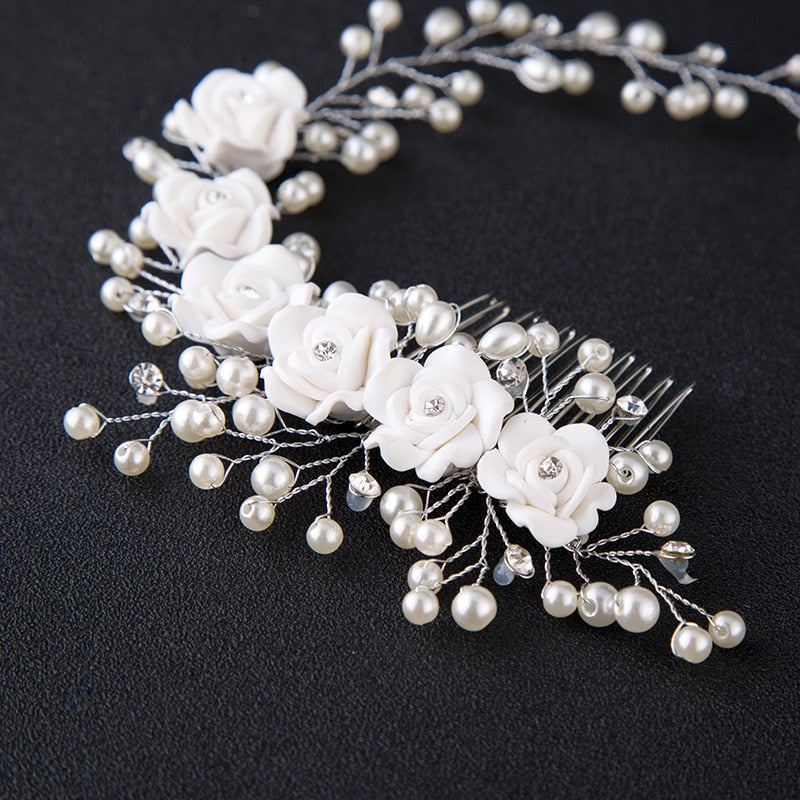 Bridal Wedding Crystal Bride Hair Accessories Pearl Flower Headband Handmade Hairband Beads Decoration Hair Comb For Women - Orchid Unique