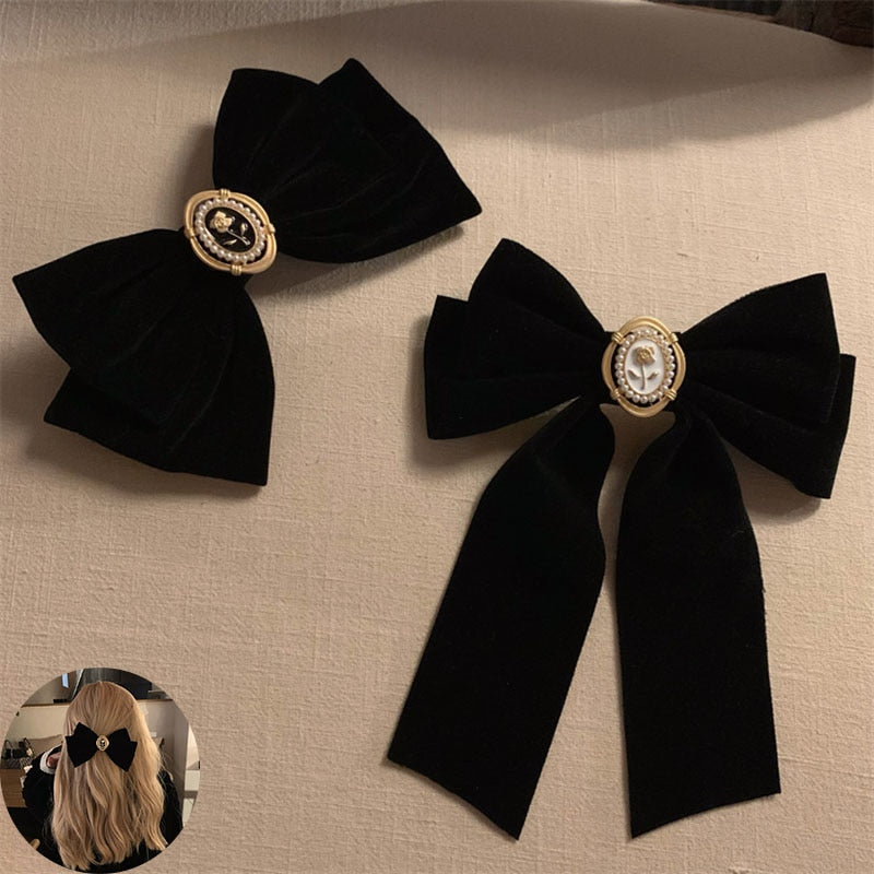 New Black Velvet Bow Hair Pins Elegant Fabric Alloy Roses Hair Clips for Women Fashion ponytail Barrette Heawear Accessories - Orchid Unique