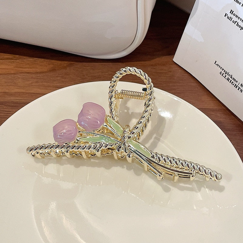 New Women Metal Hair Claw Elegant Gold Flowers Hair Clips Barrette Crab Headband Ponytail Clip Headwear hair accessories tiara - Orchid Unique