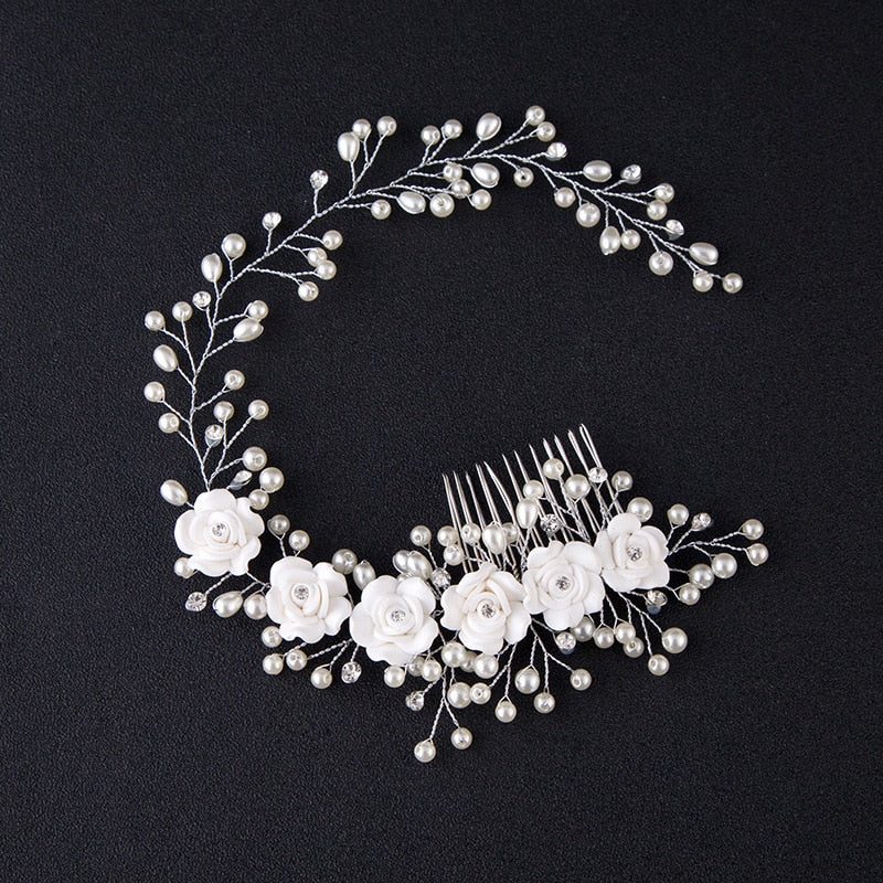 Bridal Wedding Crystal Bride Hair Accessories Pearl Flower Headband Handmade Hairband Beads Decoration Hair Comb For Women - Orchid Unique