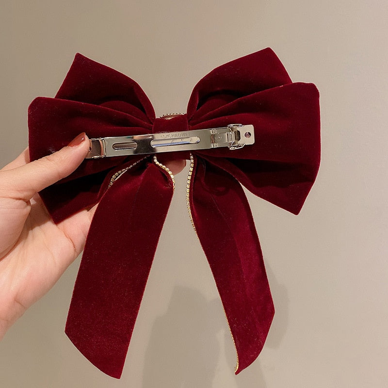 Korean Velvet Bow Hair Pins Fabric Rhinestone Pearl Hair Clips for Women Luxulry Jewelry Spring Clip Gils Hair Accessories - Orchid Unique
