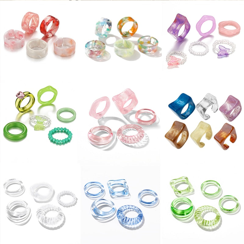 Colorful Transparent Resin Acrylic Rings Set - Orchid Unique
