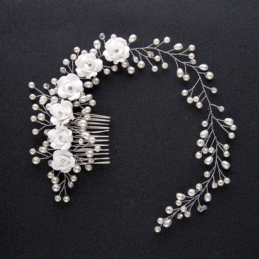 Bridal Wedding Crystal Bride Hair Accessories Pearl Flower Headband Handmade Hairband Beads Decoration Hair Comb For Women - Orchid Unique