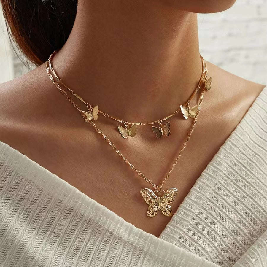 Double Butterfly Necklace Pendant Set - Orchid Unique