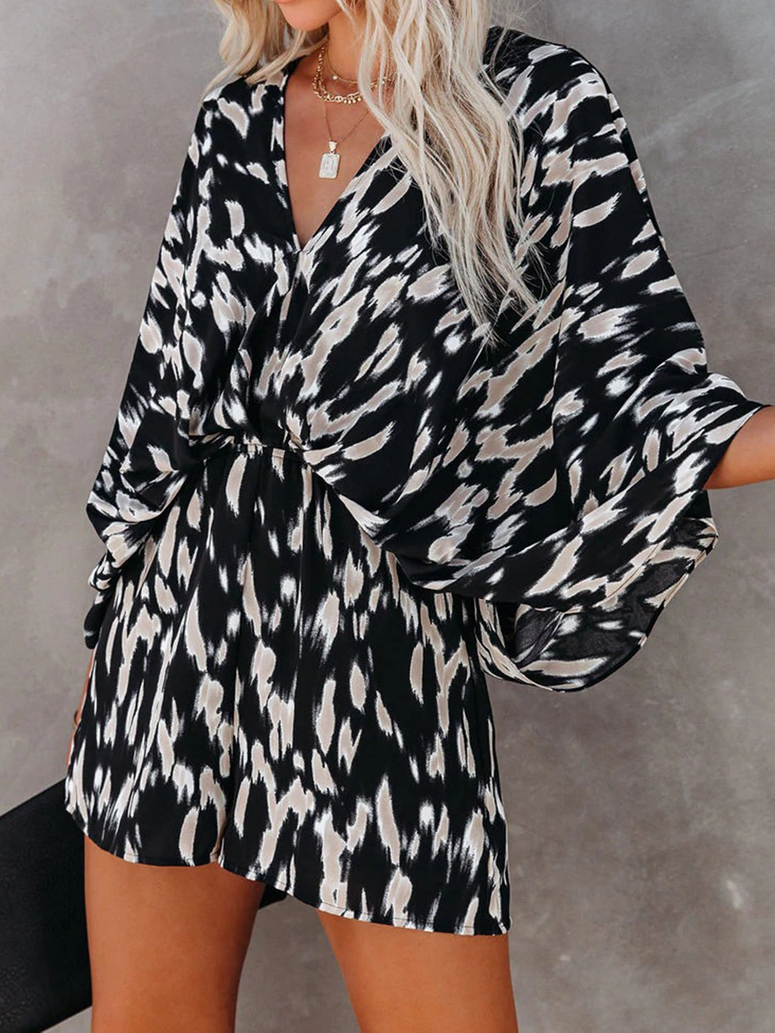 Tied Printed Kimono Sleeve Romper Orchid Unique 