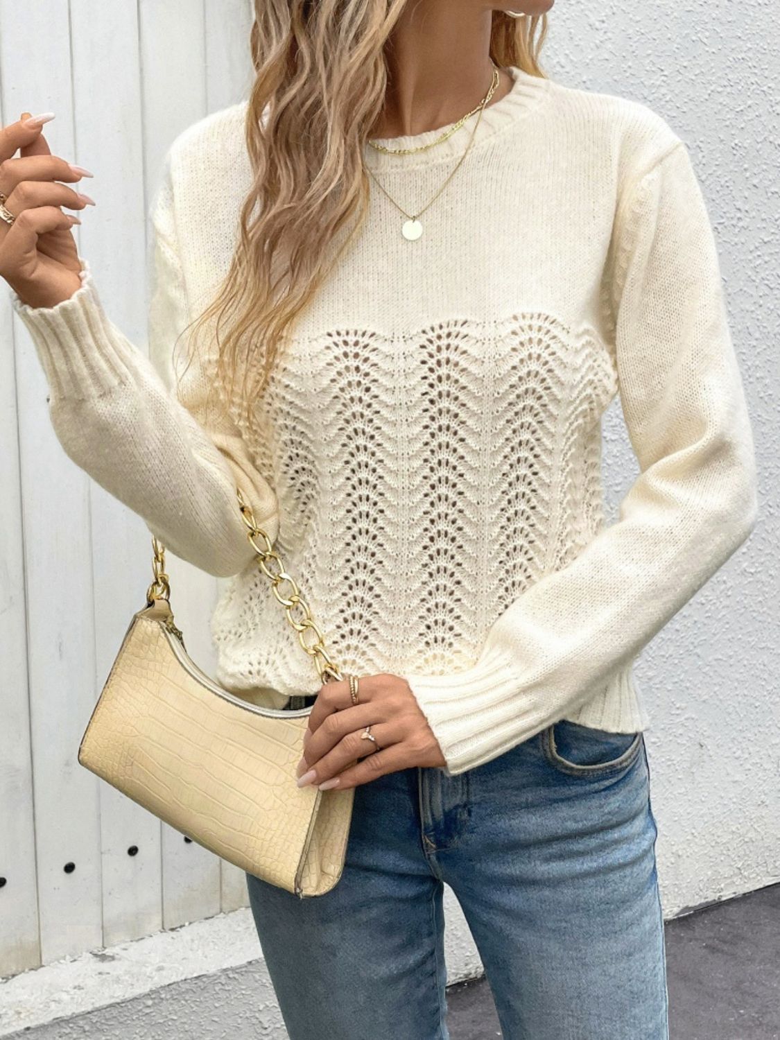 Openwork Round Neck Long Sleeve Sweater Orchid Unique 