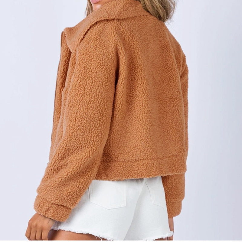 Long Sleeve Collared Neck Sherpa Jacket Orchid Unique 