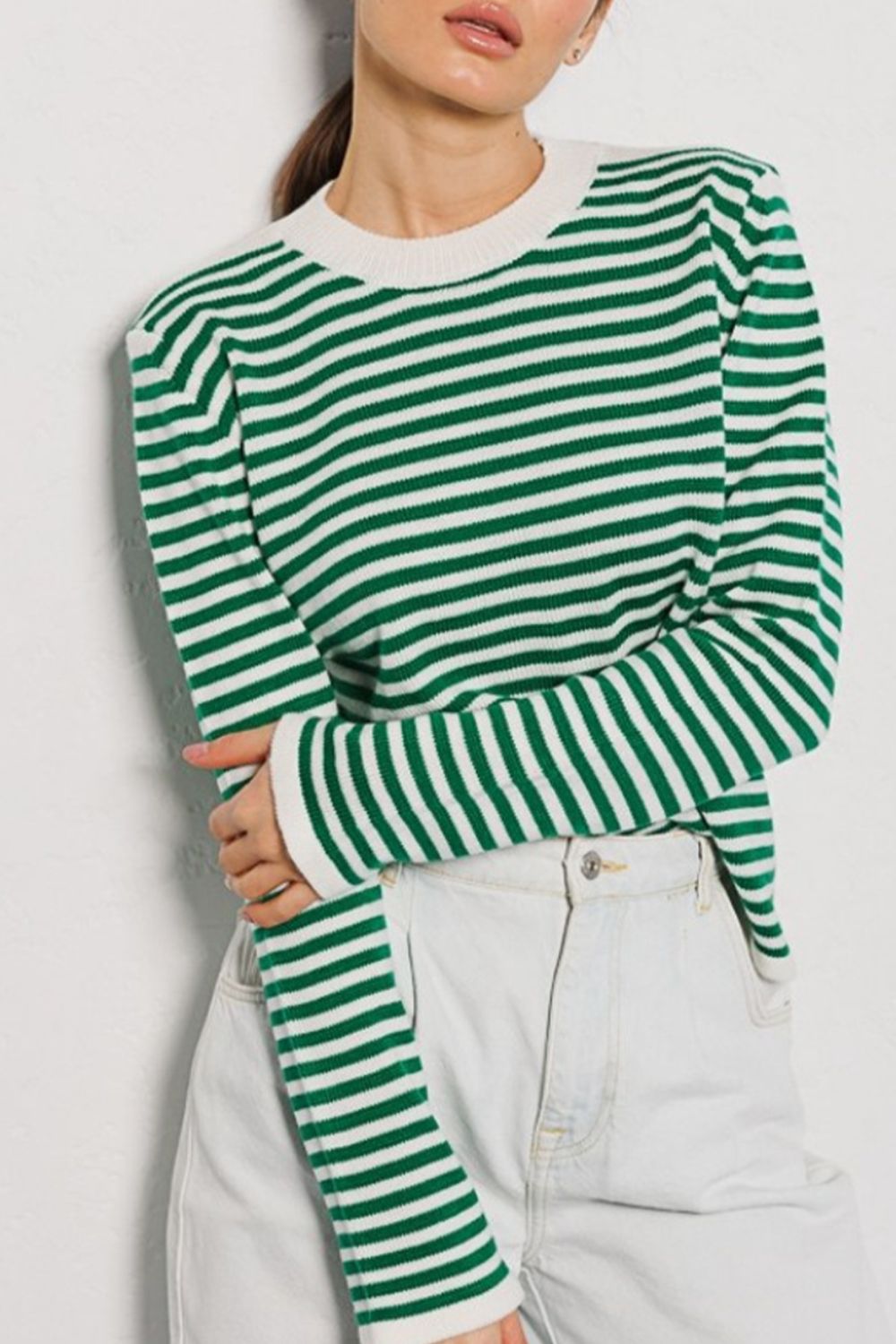 Striped Round Neck Long Sleeve Sweater Orchid Unique 