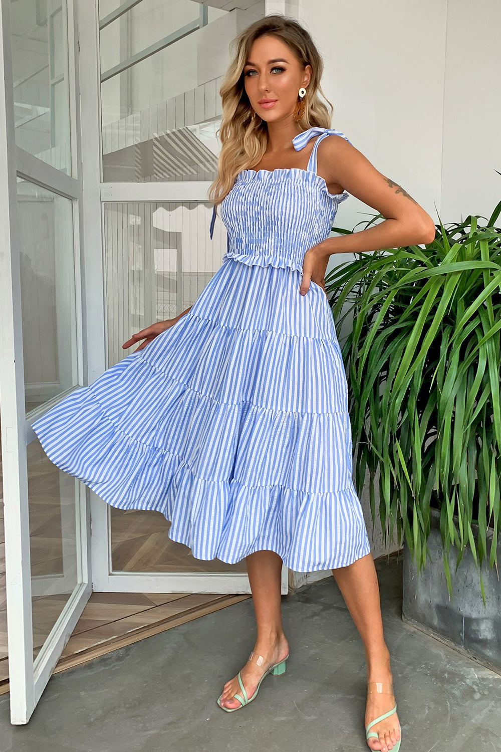 Striped Tie-Shoulder Tiered Dress Orchid Unique 