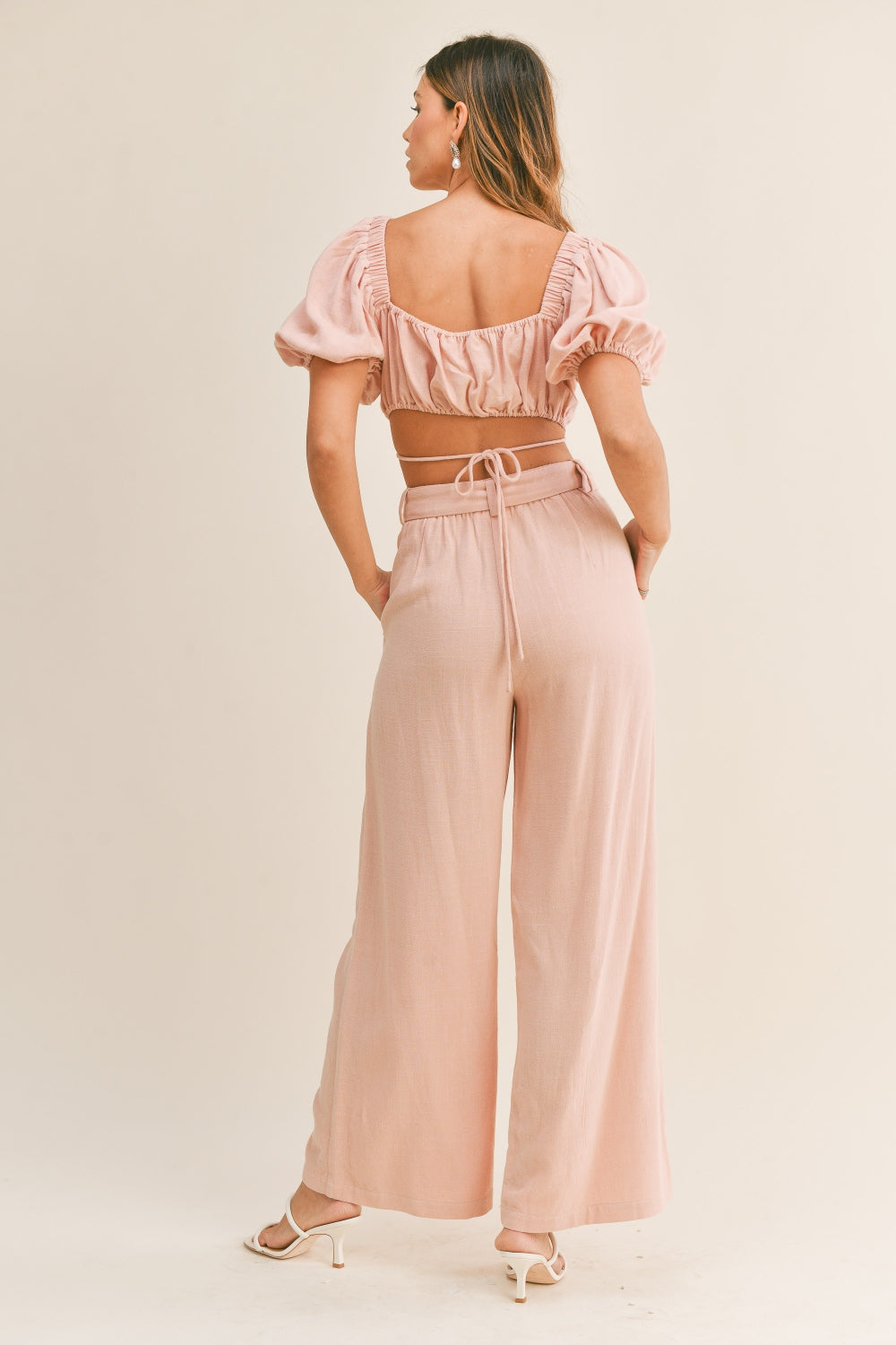 MABLE Cut Out Drawstring Crop Top and Belted Pants Set Orchid Unique 