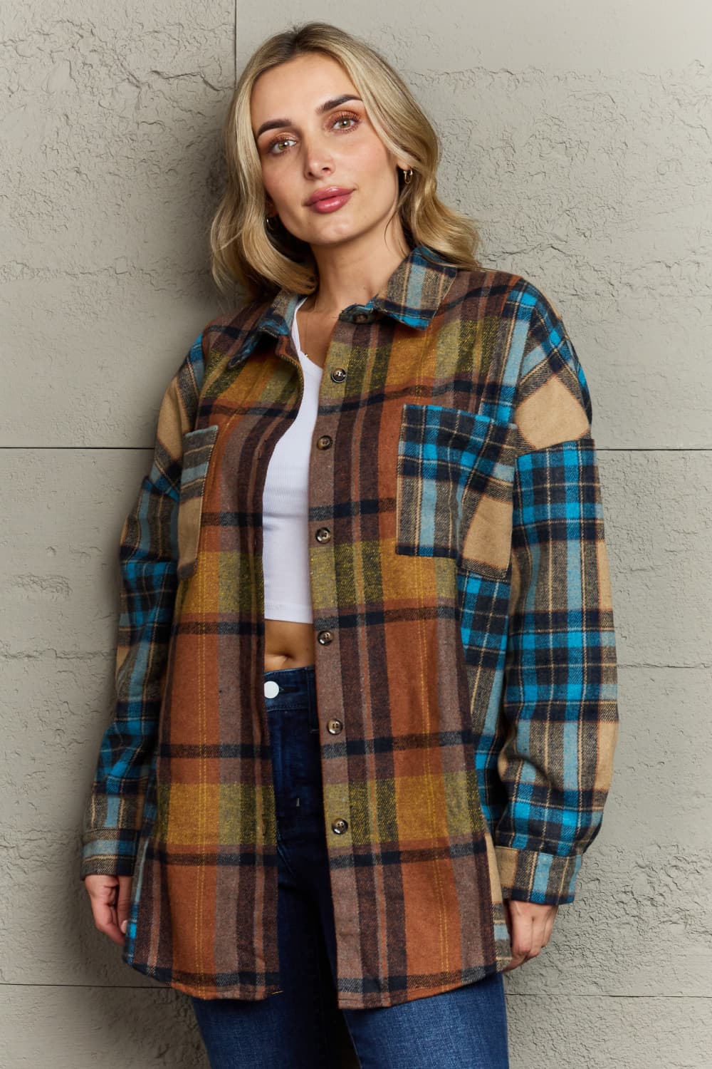 Double Take Plaid Curved Hem Shirt Jacket with Breast Pockets Orchid Unique 