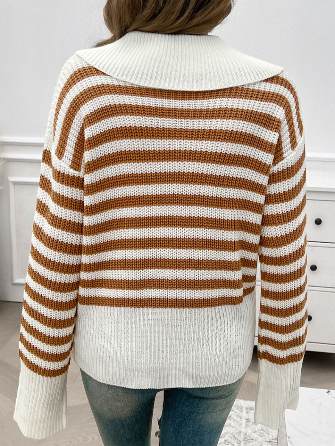 Striped Collared Neck Long Sleeve Sweater Orchid Unique 