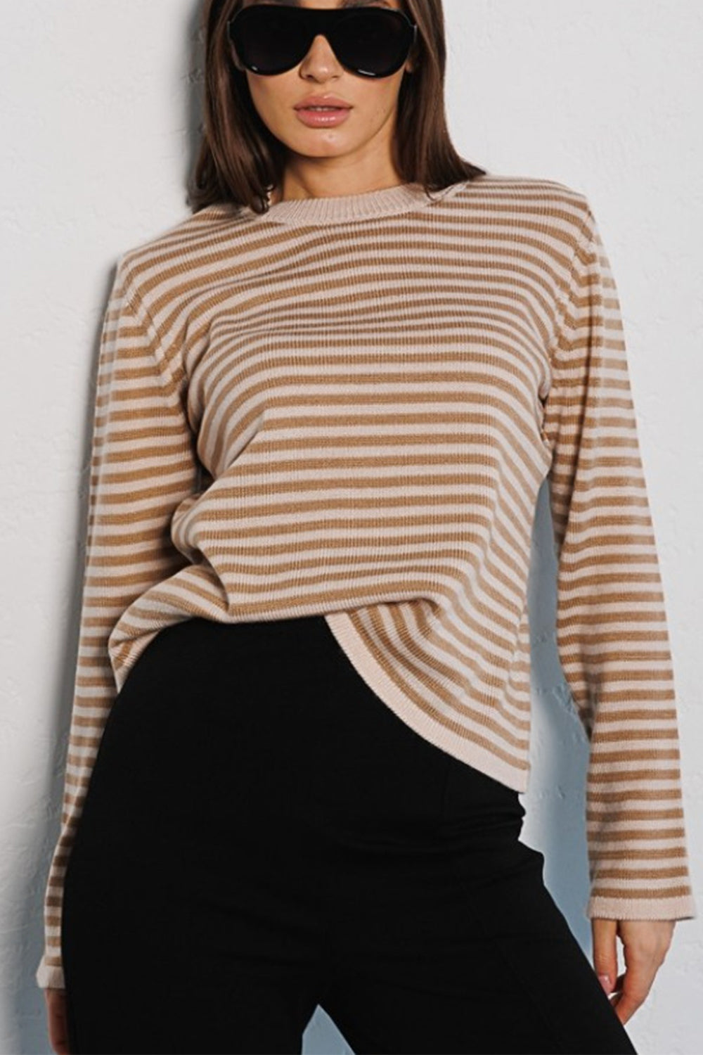 Striped Round Neck Long Sleeve Sweater Orchid Unique 