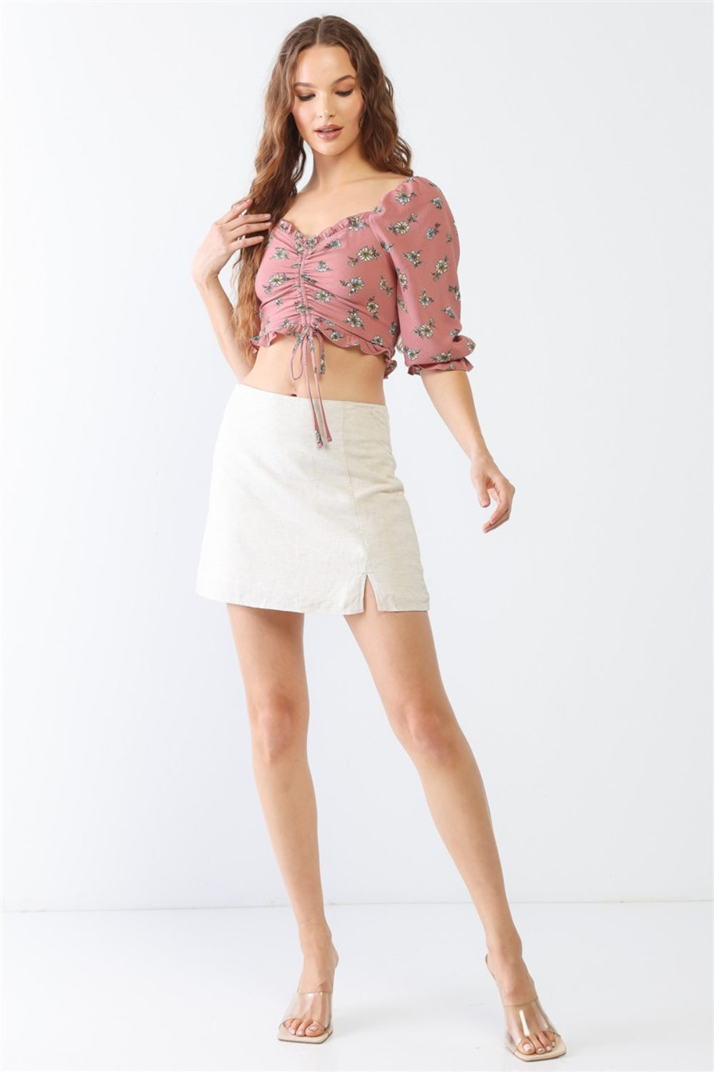 Tasha Apparel Floral Ruffle Smocked Back Ruched Crop Top Orchid Unique 