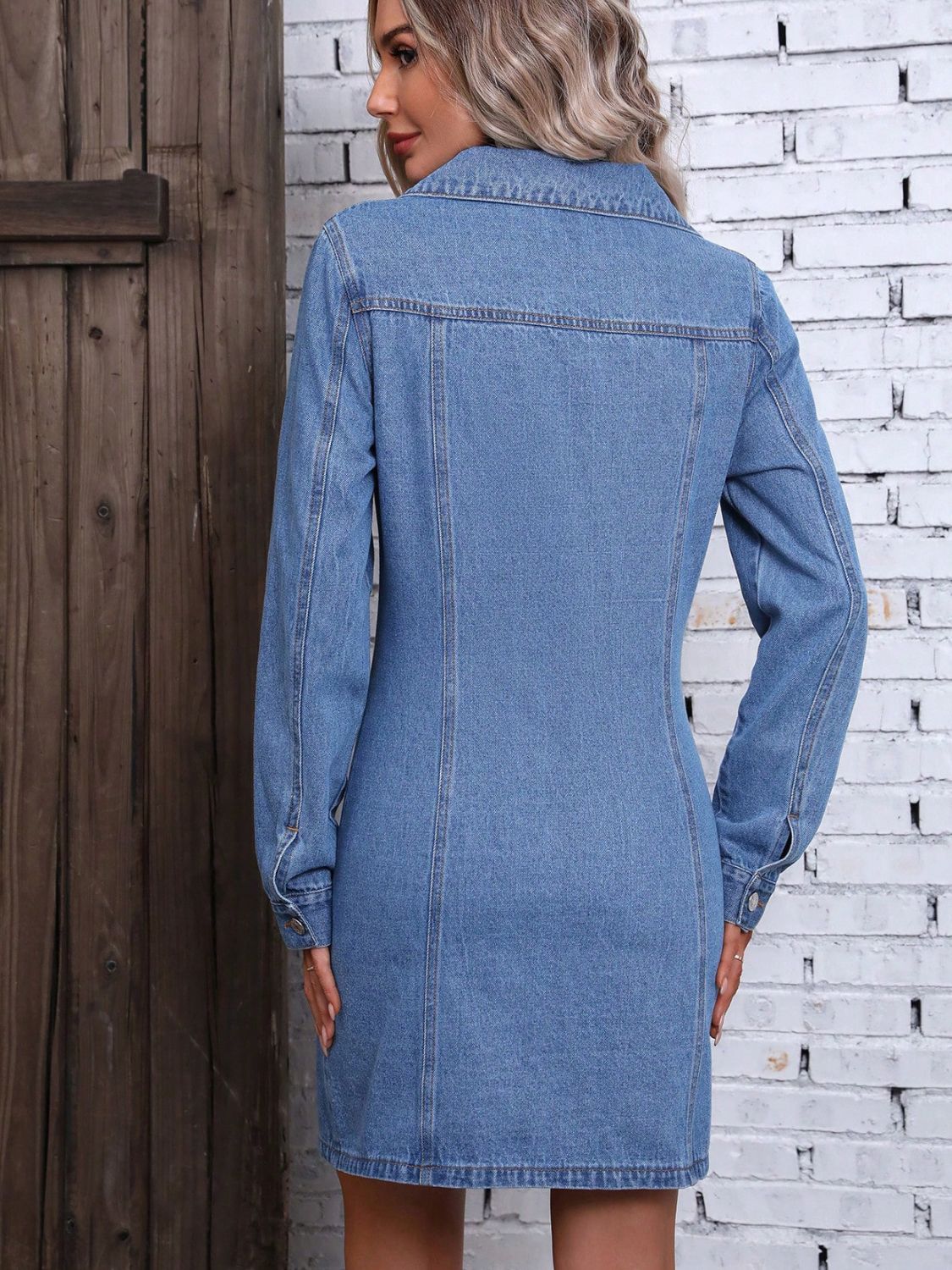 Ruched Button Up Long Sleeve Denim Dress Orchid Unique 