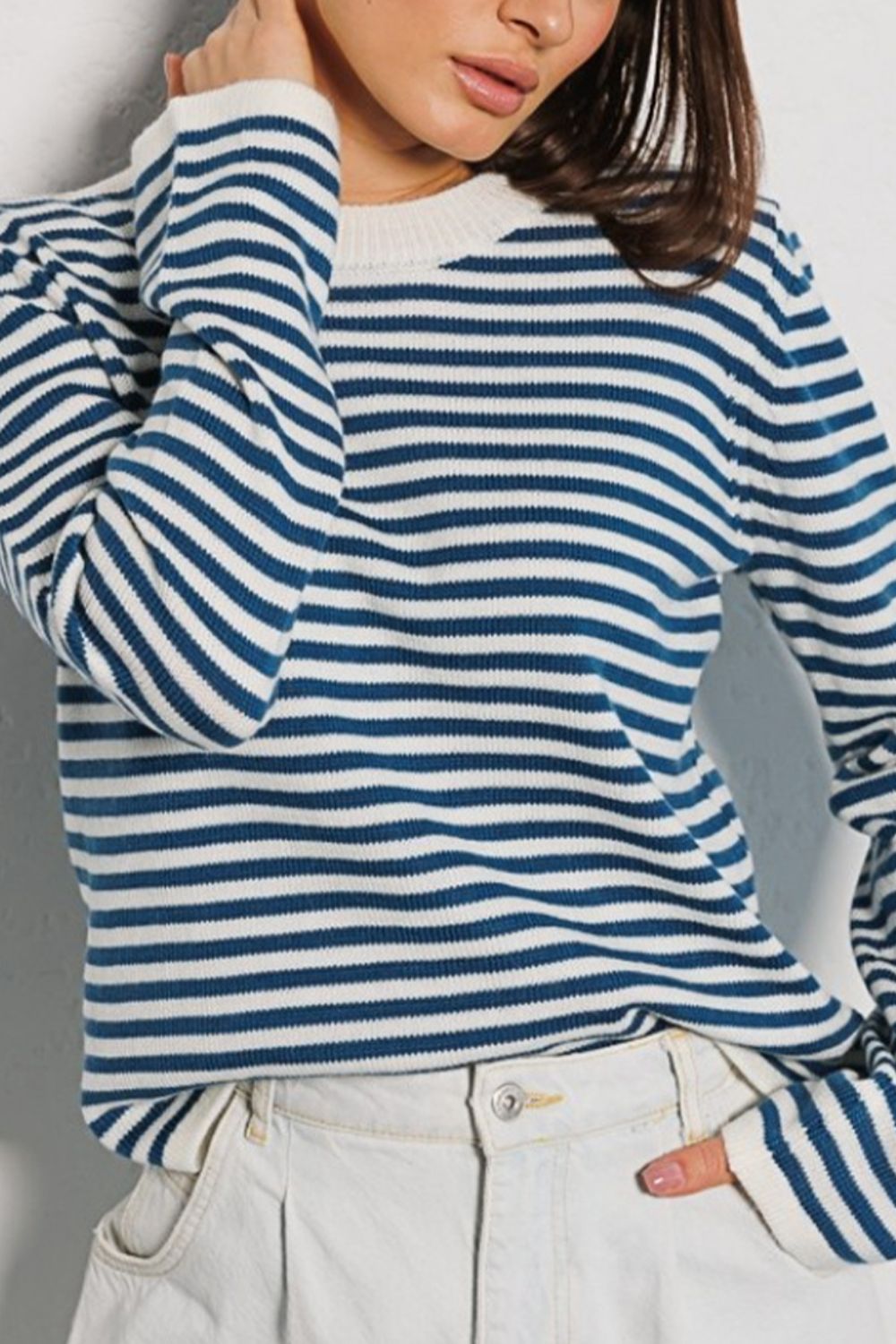 Striped Round Neck Long Sleeve Sweater Orchid Unique 