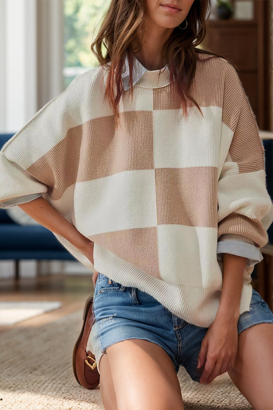 Color Block Round Neck Long Sleeve Sweater Orchid Unique 