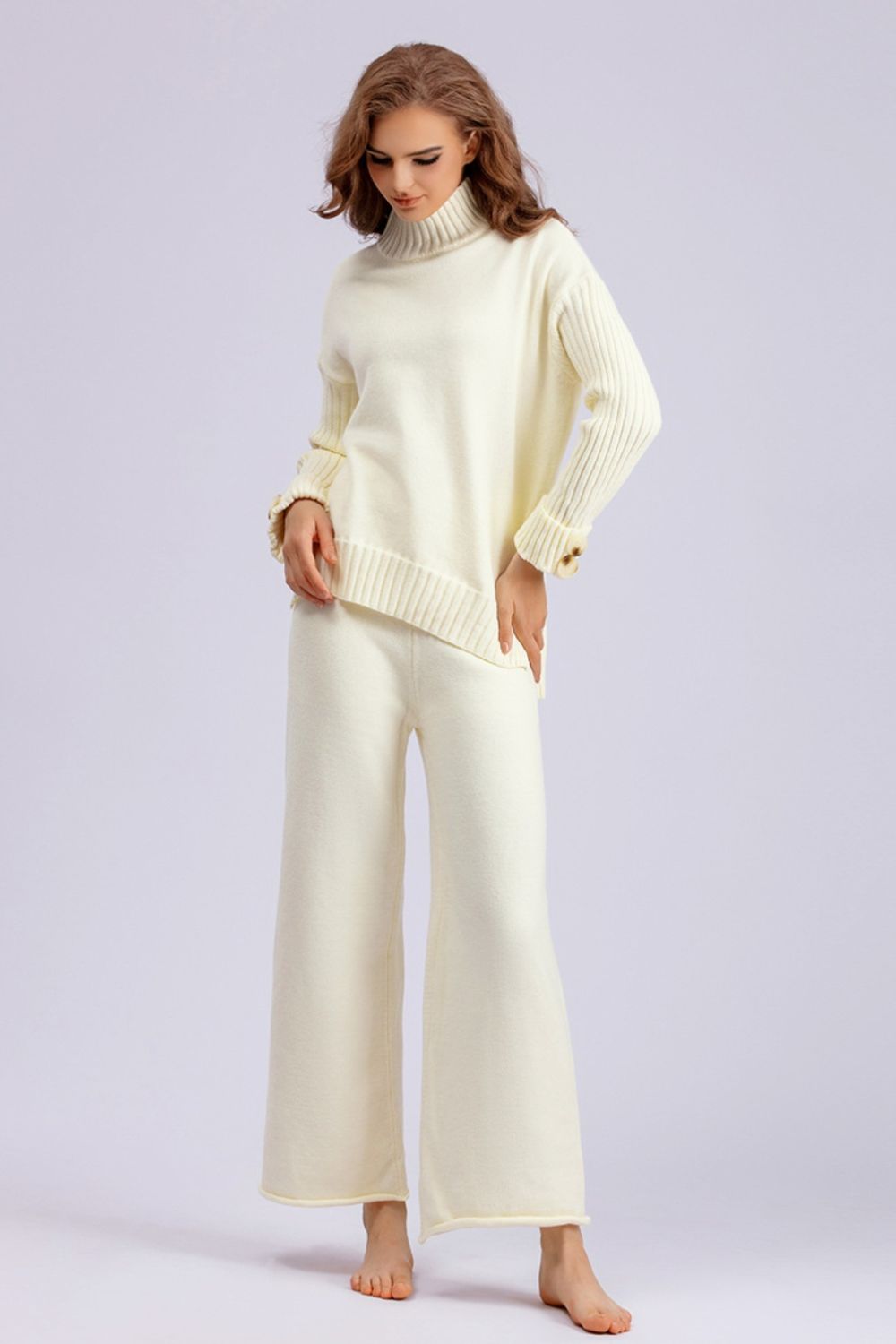 Basic Bae High- Low Turtleneck Long Sleeve Top and Pants Sweater Set Orchid Unique 