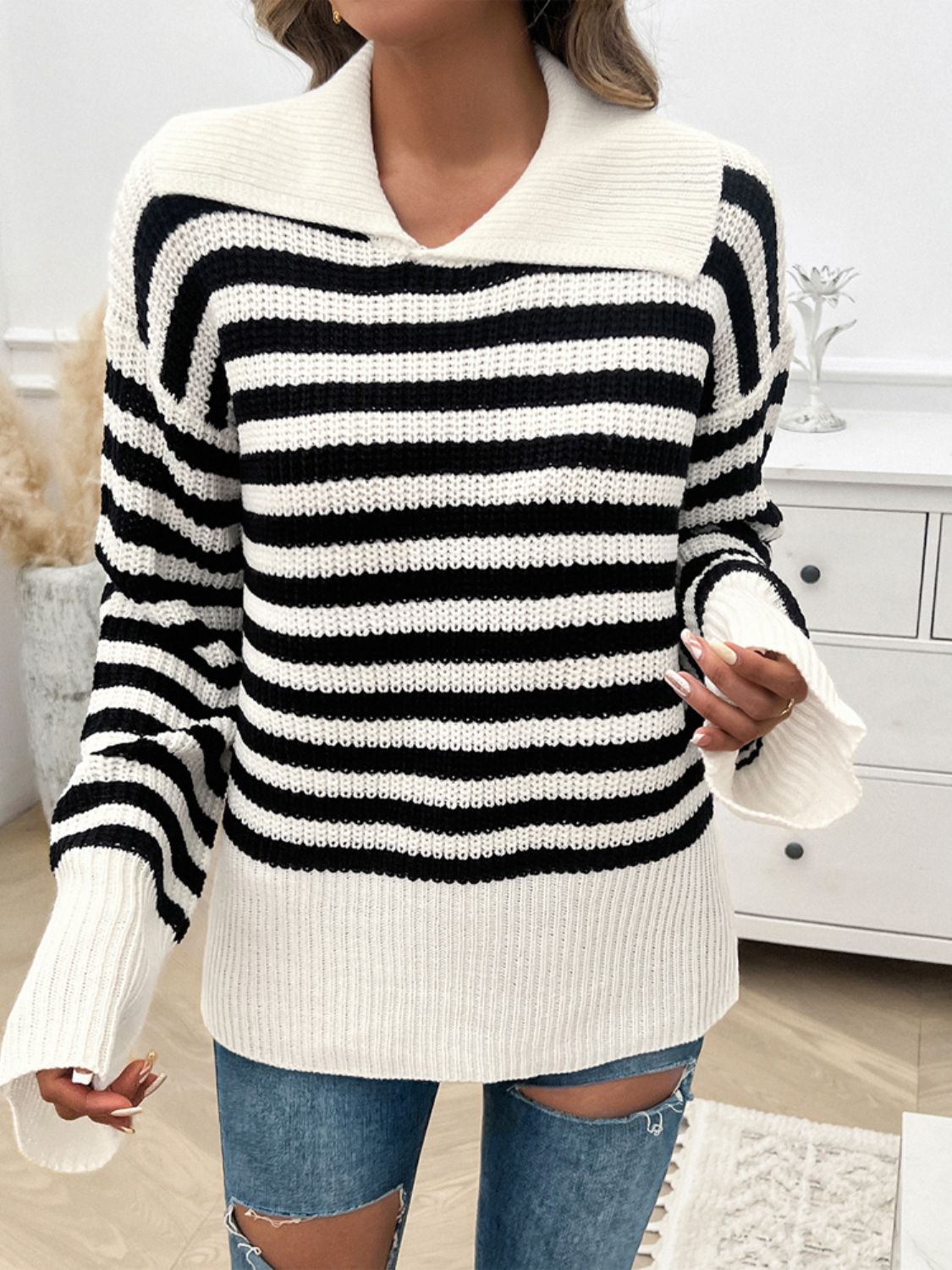 Striped Collared Neck Long Sleeve Sweater Orchid Unique 