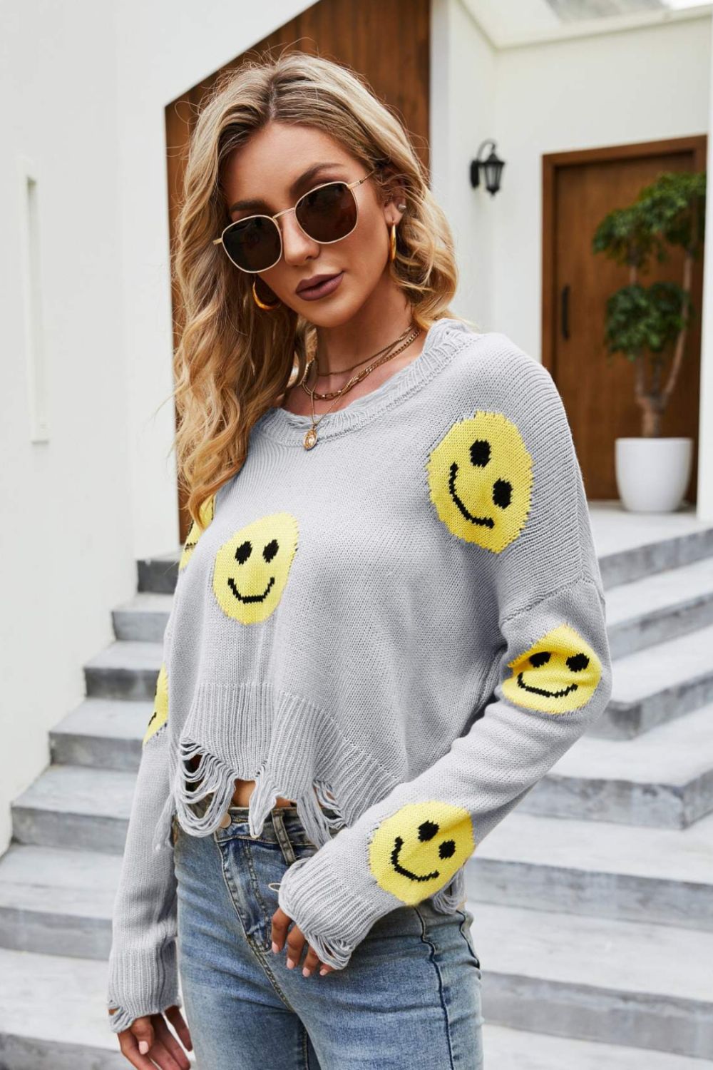 Smiley Face Distressed Round Neck Sweater Orchid Unique 