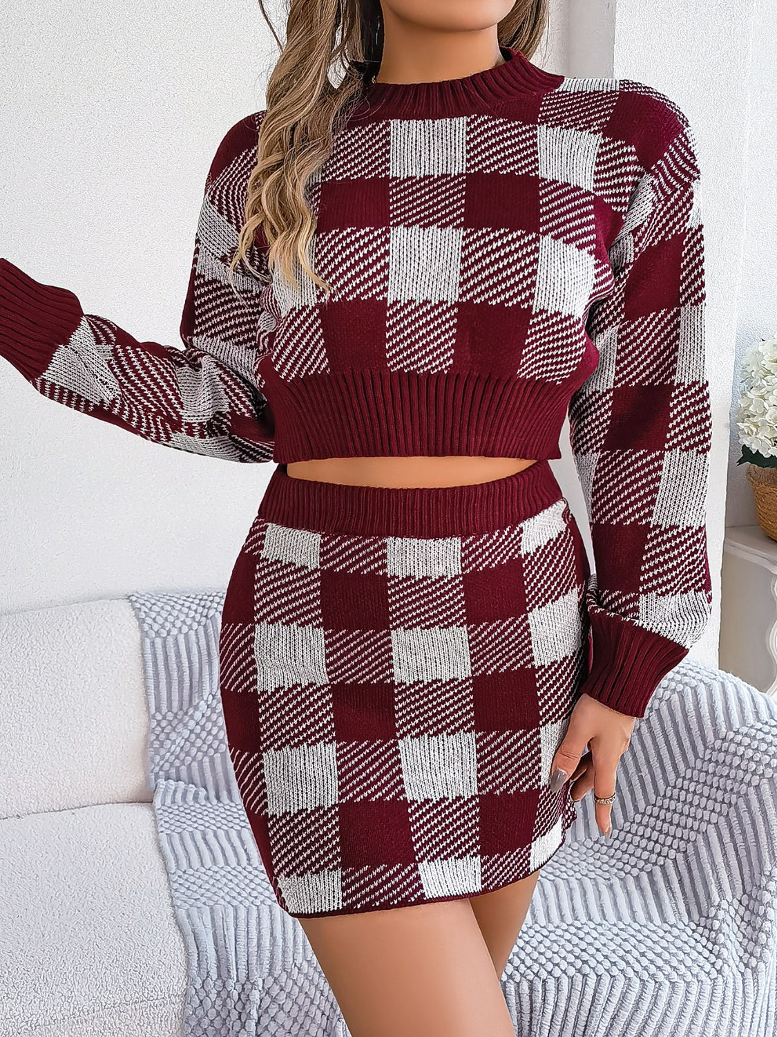 Plaid Round Neck Top and Skirt Sweater Set Orchid Unique 