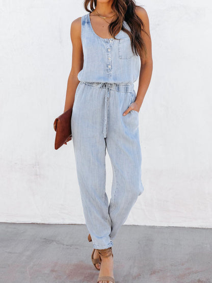 Denim Drawstring Waist Sleeveless Jumpsuit