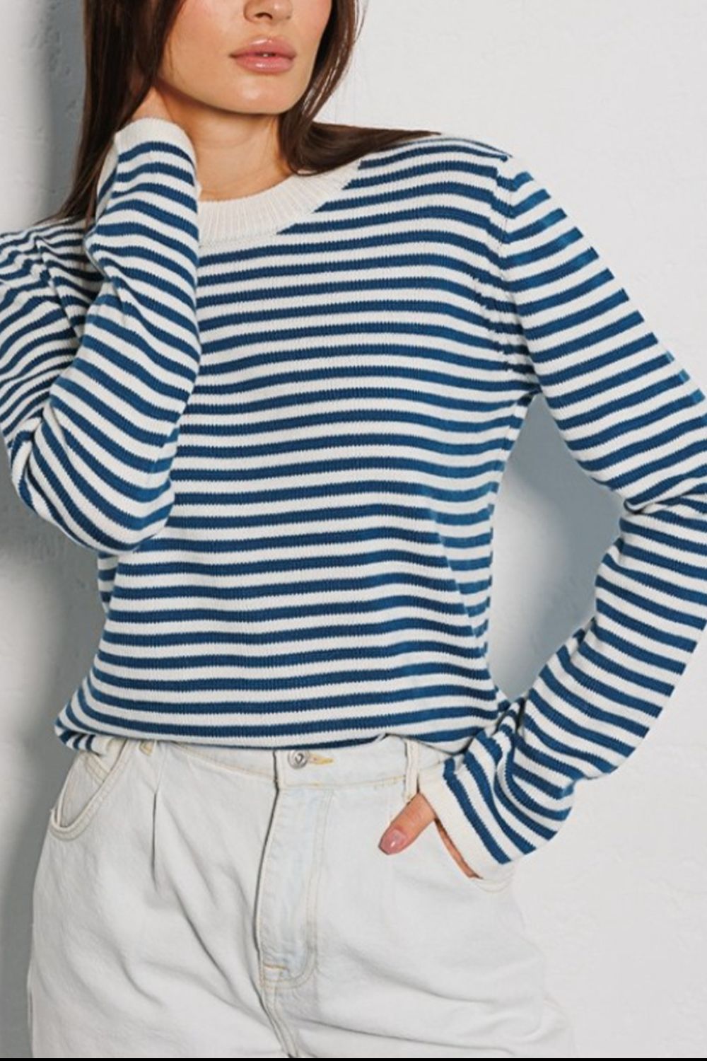 Striped Round Neck Long Sleeve Sweater Orchid Unique 