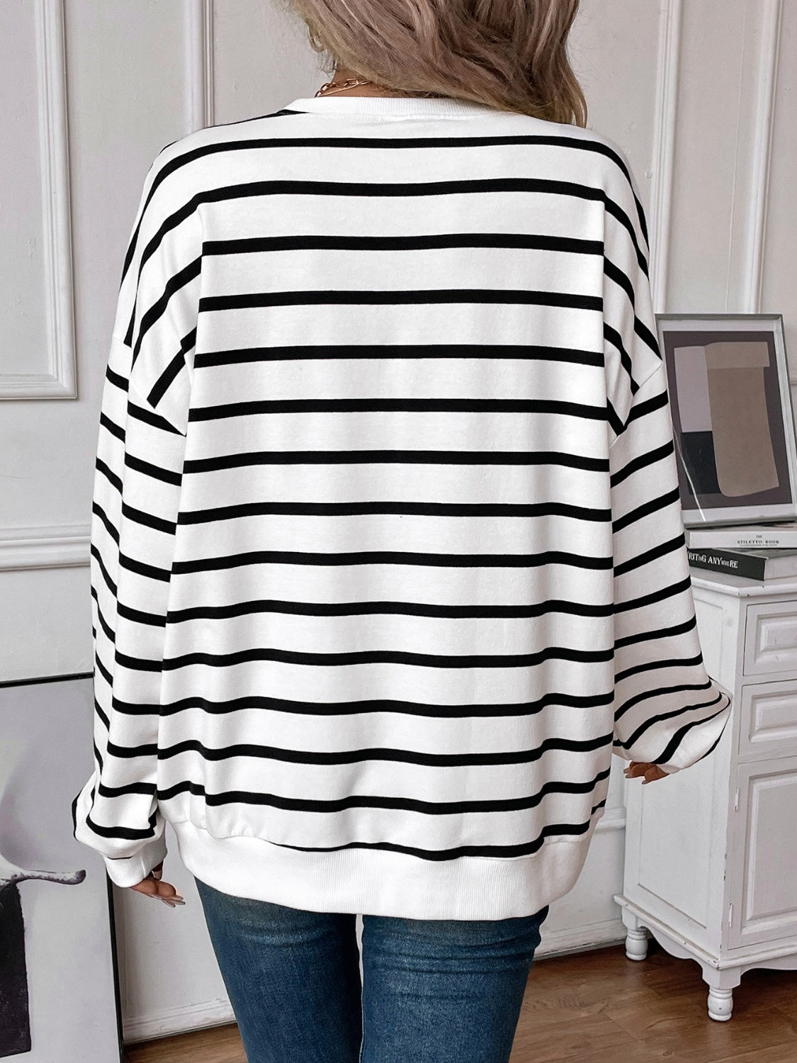 Striped Round Neck Long Sleeve Sweatshirt Orchid Unique 