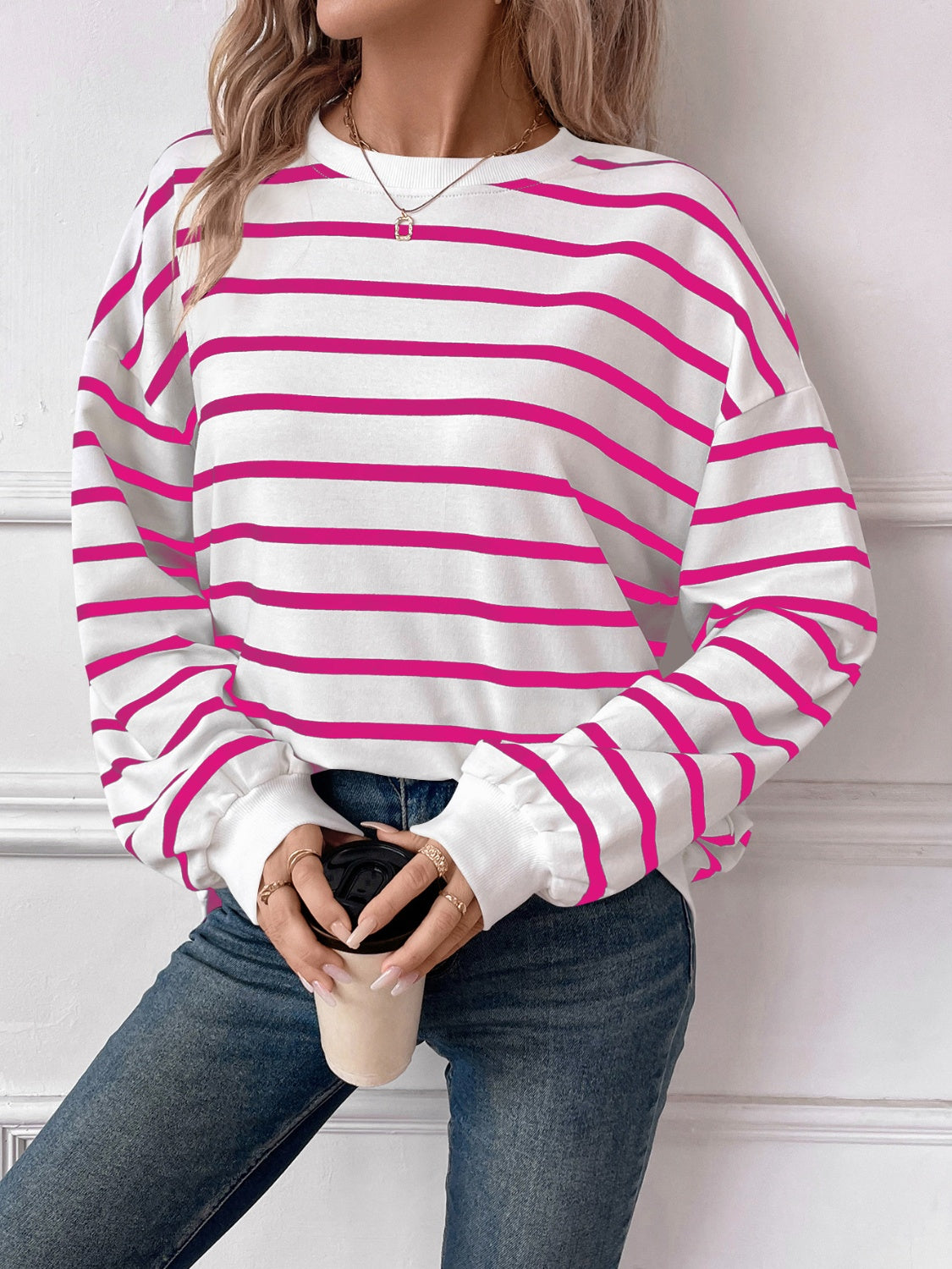 Striped Round Neck Long Sleeve Sweatshirt Orchid Unique 