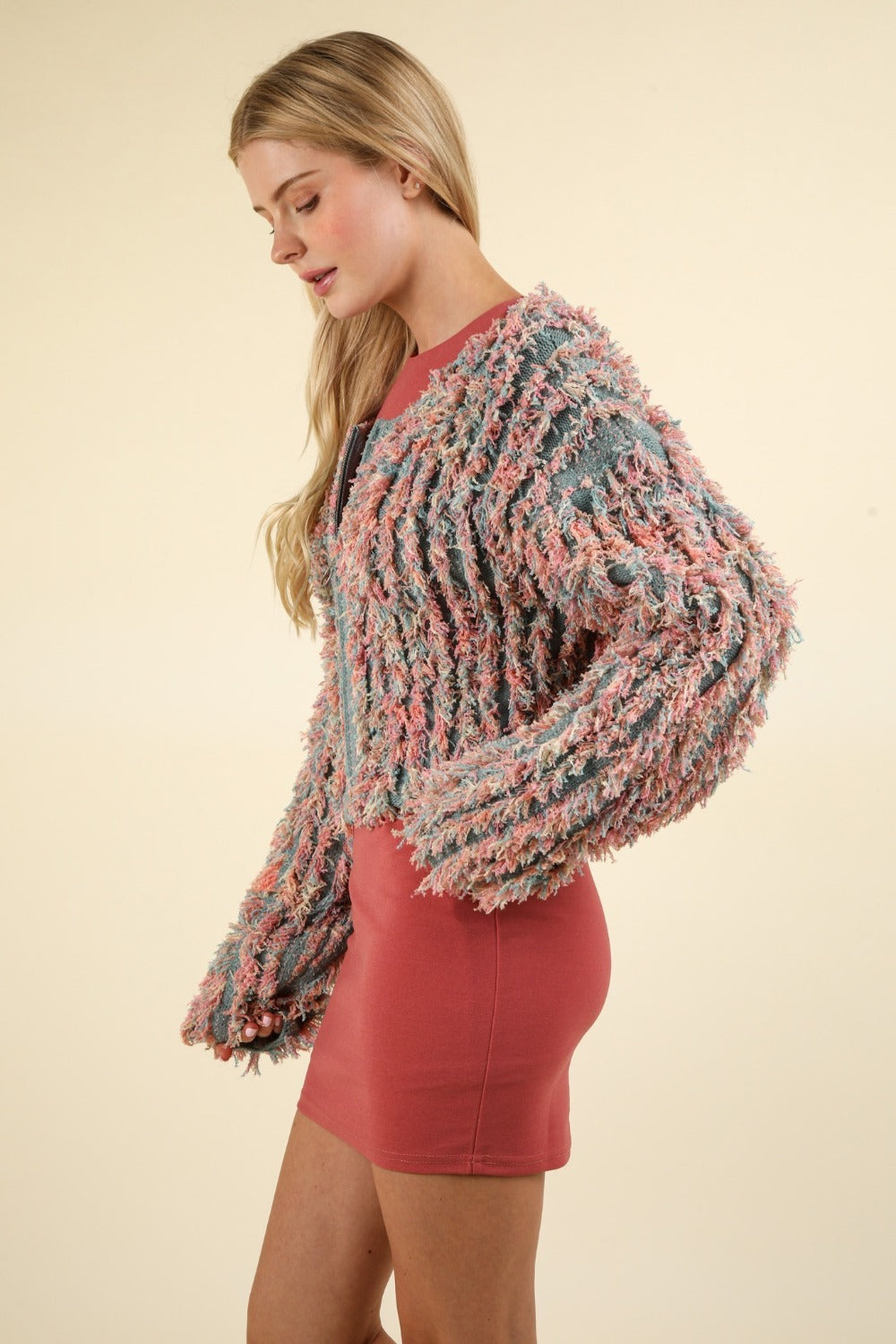 VERY J Shaggy Yarn Knit Zip Up Jacket Orchid Unique 