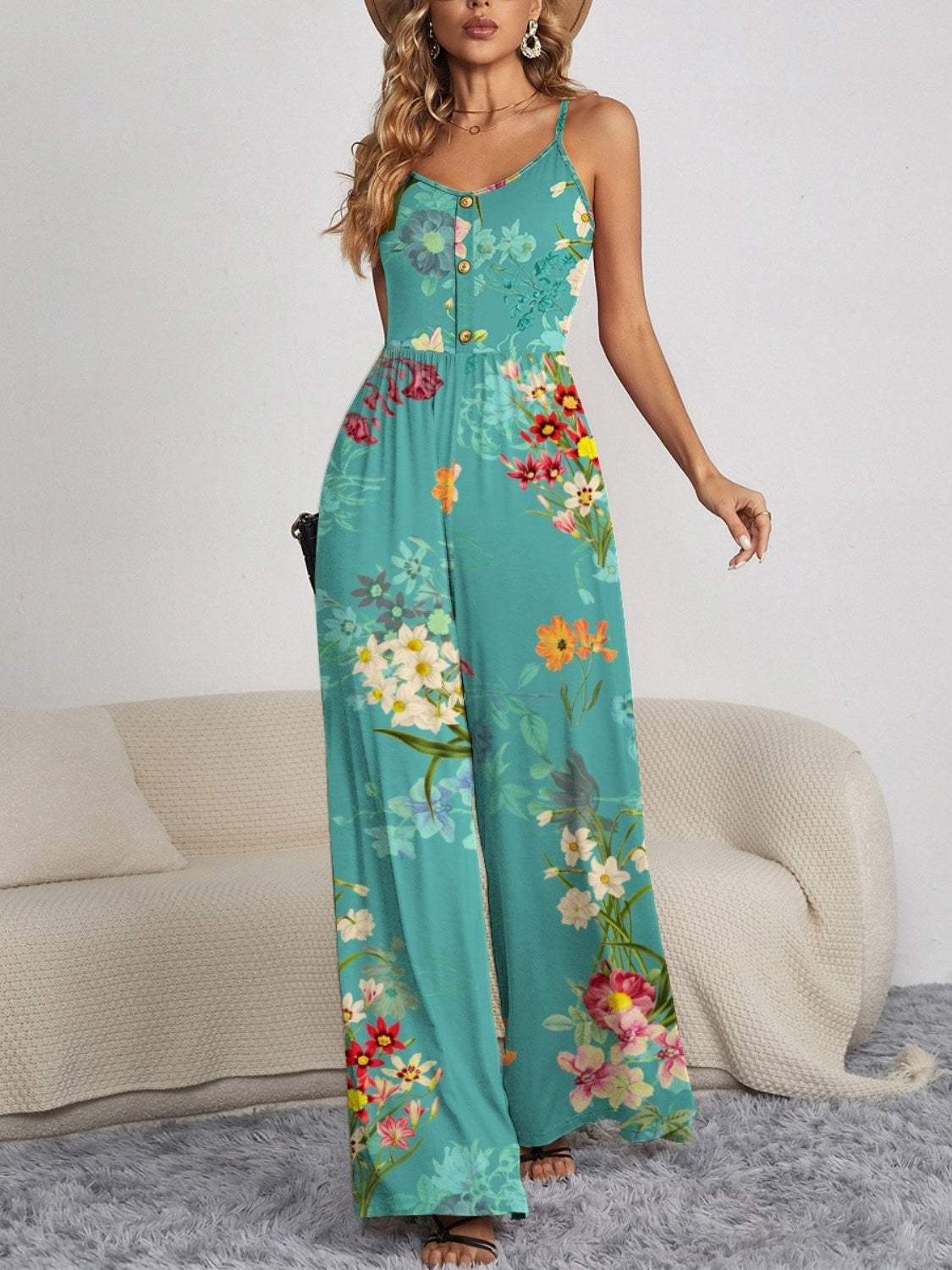 Decorative Button Spaghetti Strap Wide Leg Jumpsuit Orchid Unique 