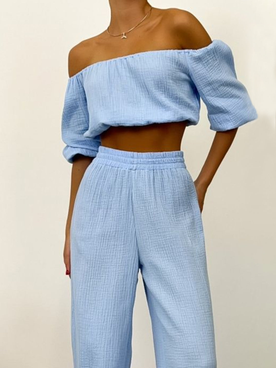 Off Shoulder Long Sleeve Top and Pants Set Orchid Unique 