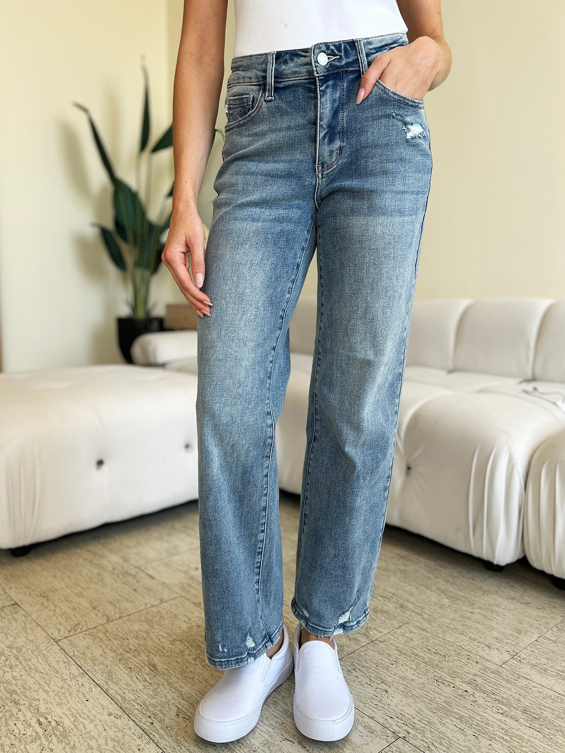 Judy Blue Full Size Mid Rise Distressed Straight Jeans Orchid Unique 