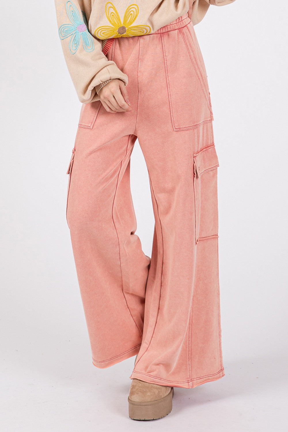 SAGE + FIG Knit Terry Mineral Wash Wide Leg Pants Orchid Unique 