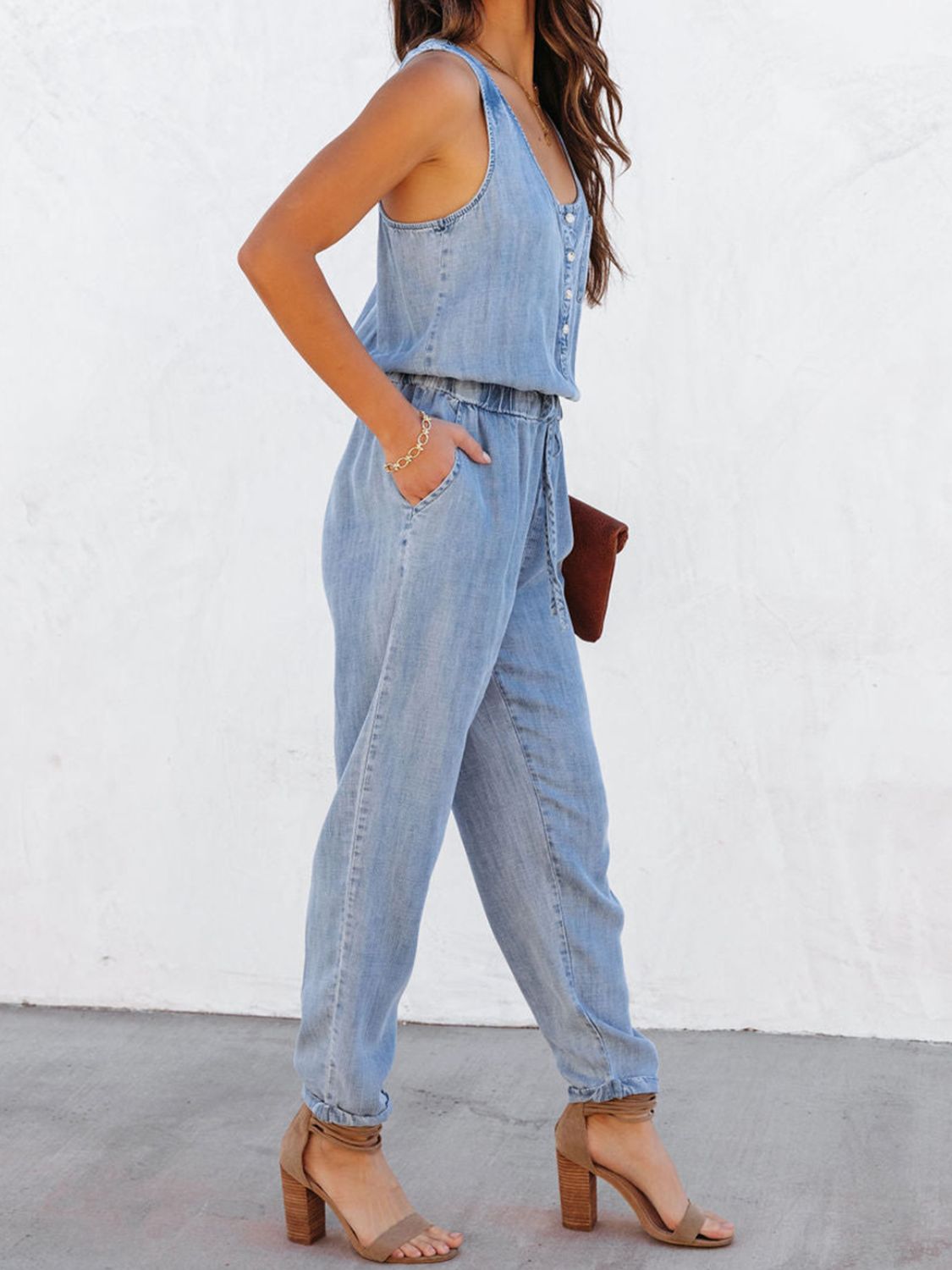 Denim Drawstring Waist Sleeveless Jumpsuit Orchid Unique 