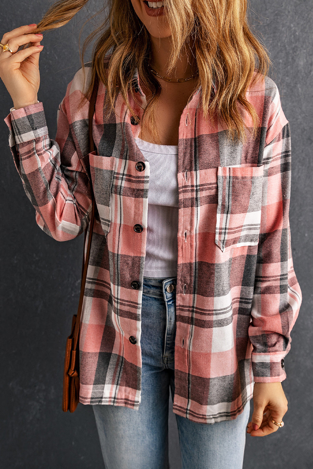 Double Take Plaid Dropped Shoulder Longline Shirt Orchid Unique 