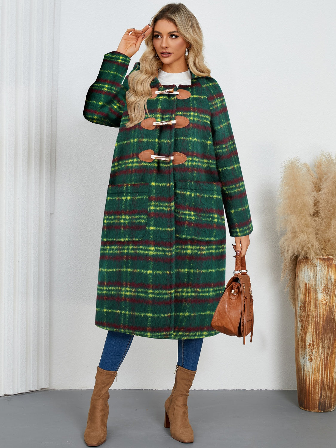 Plaid Long Sleeve Hooded Coat with Pockets Orchid Unique 