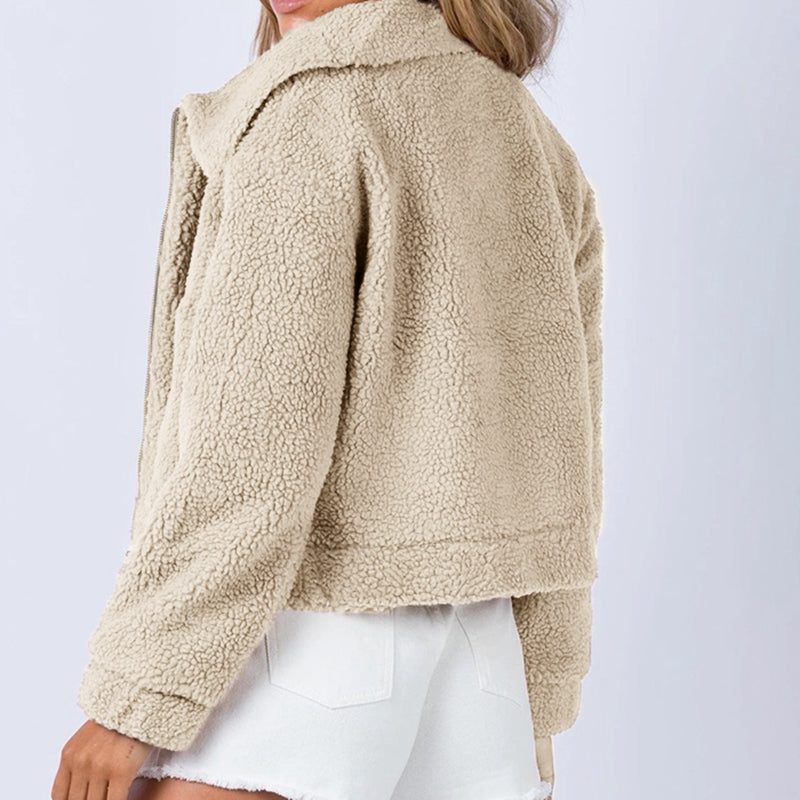 Long Sleeve Collared Neck Sherpa Jacket Orchid Unique 